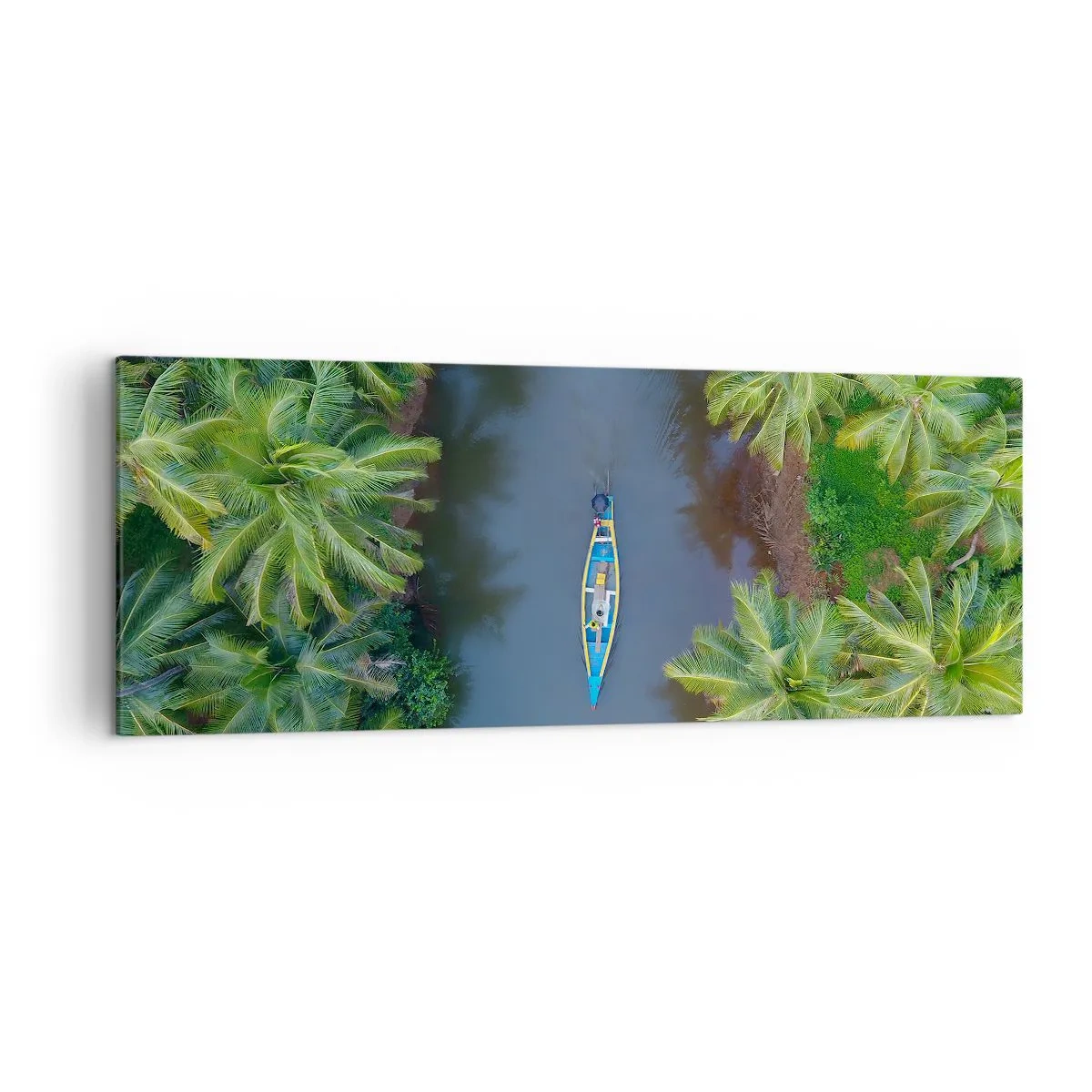 Bild auf Leinwand - Leinwandbild - Eine Vogelperspektive auf ein Boot auf einem Fluss, umgeben von Palmen - 140x50cm - Auf einem tropischen Pfad - Moderne Wanddekoration für Wohnzimmer und Schlafzimmer ARTTOR