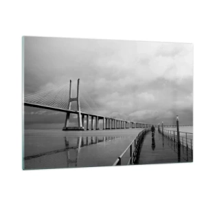 Glasbild - Bild auf glas - Eine Brücke in einer monochromen Landschaft mit einem Radfahrer - 120x80cm - Jedem das Verdiente - Moderne Wanddekoration für Wohnzimmer und Schlafzimmer ARTTOR