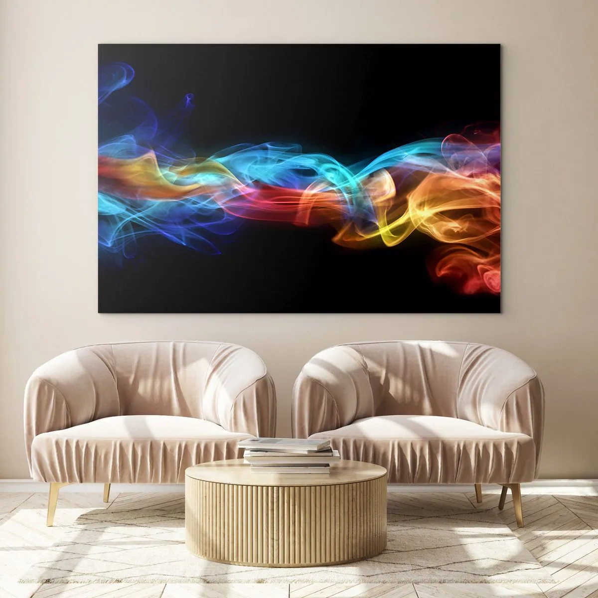 Glasbild - Bild auf glas - Bunte Rauchstreifen auf schwarzem Hintergrund erzeugen ein abstraktes Muster - 120x80cm - Regenbogentanz der Nebel - Moderne Wanddekoration für Wohnzimmer und Schlafzimmer ARTTOR