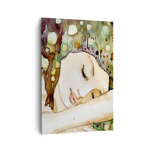 Bild auf Leinwand - Leinwandbild - Eine träumende Frau, umgeben von abstrakten Formen und Farben. - 70x100cm - Ein smaragd-violetter Traum - Moderne Wanddekoration für Wohnzimmer und Schlafzimmer ARTTOR