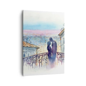 Bild auf Leinwand - Leinwandbild - Romantisches Paar auf einem Balkon mit Blick auf die Stadt - 50x70cm - Paris-Liebhaber - Moderne Wanddekoration für Wohnzimmer und Schlafzimmer ARTTOR