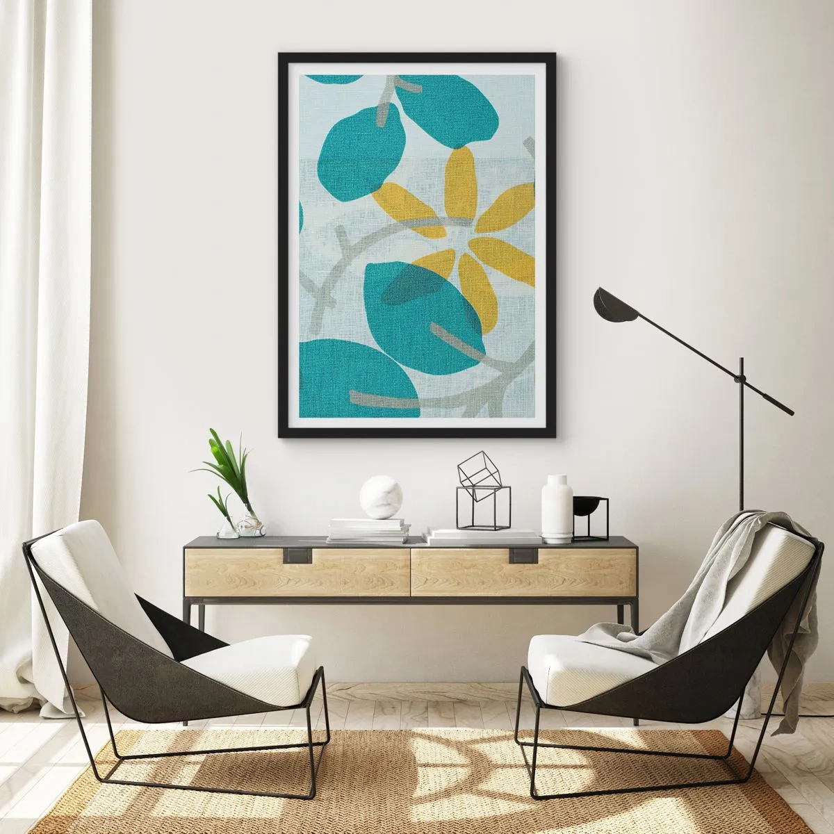 Poster in einem schwarzem Rahmen - Moderne botanische Grafiken in Blau- und Gelbtönen - 50x70cm - Unter den azurblauen Blättern - Moderne Wanddekoration für Wohnzimmer und Schlafzimmer ARTTOR