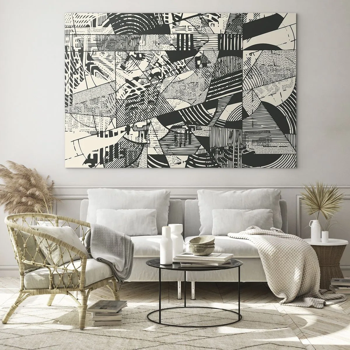 Glasbild - Bild auf glas - Schwarz-Weiß-Abstraktion mit dynamischen geometrischen Mustern - 70x50cm - Die Dynamik der Gegenwart - Moderne Wanddekoration für Wohnzimmer und Schlafzimmer ARTTOR