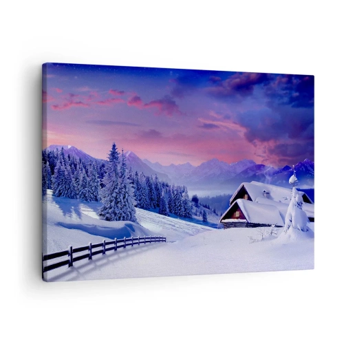 Bild auf Leinwand - Leinwandbild - Winterlandschaft mit Berghütten bei Sonnenuntergang - 70x50cm - Stille Nacht - Moderne Wanddekoration für Wohnzimmer und Schlafzimmer ARTTOR