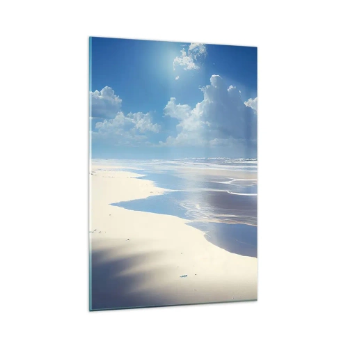 Glasbild - Bild auf glas - Ein Sandstrand mit Wellen unter blauem Himmel - 80x120cm - Paradiesischer Urlaub - Moderne Wanddekoration für Wohnzimmer und Schlafzimmer ARTTOR