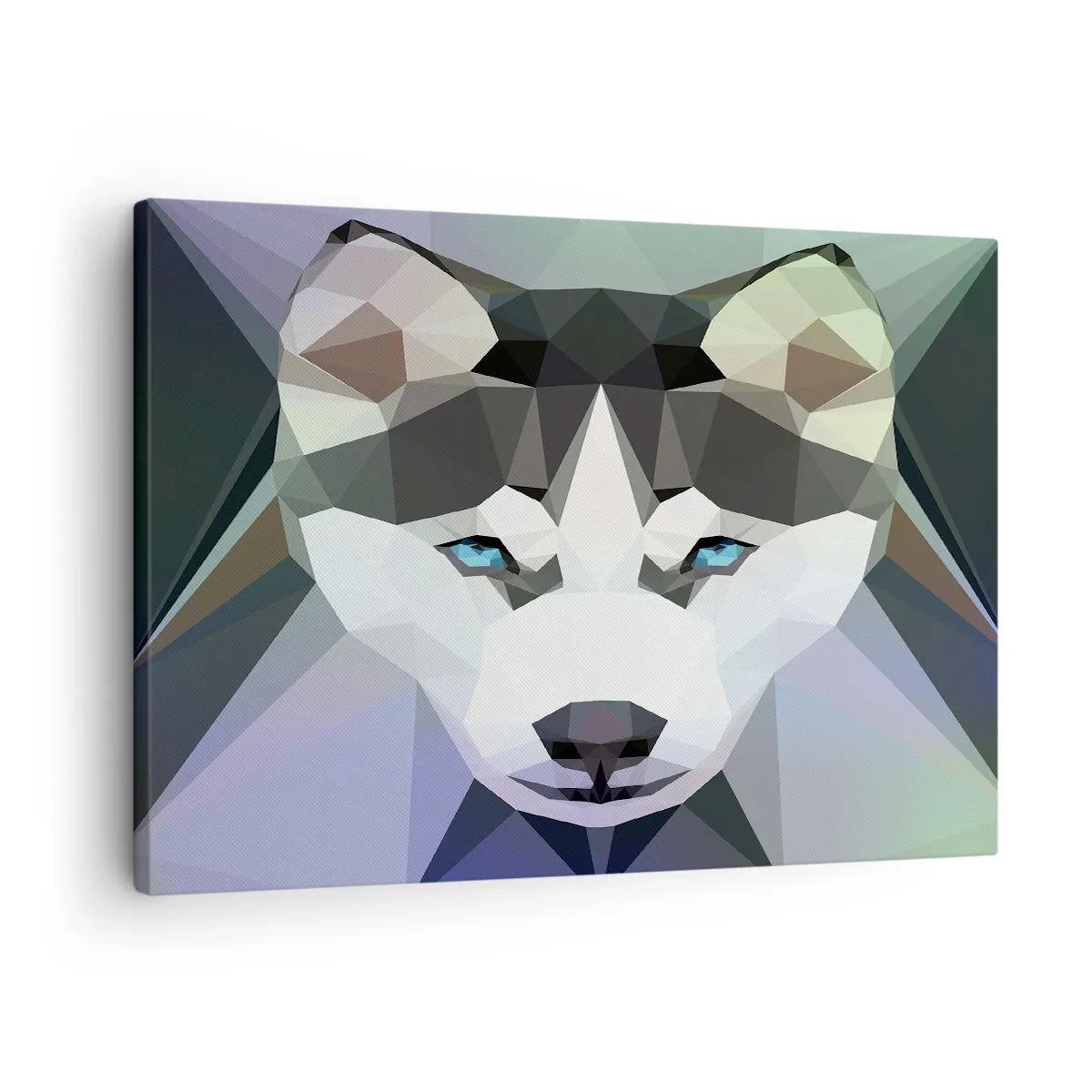 Bild auf Leinwand - Leinwandbild - Geometrischer Wolf mit ausdrucksstarken blauen Augen - 70x50cm - Die Erinnerung an den Schnee des Nordens - Moderne Wanddekoration für Wohnzimmer und Schlafzimmer ARTTOR