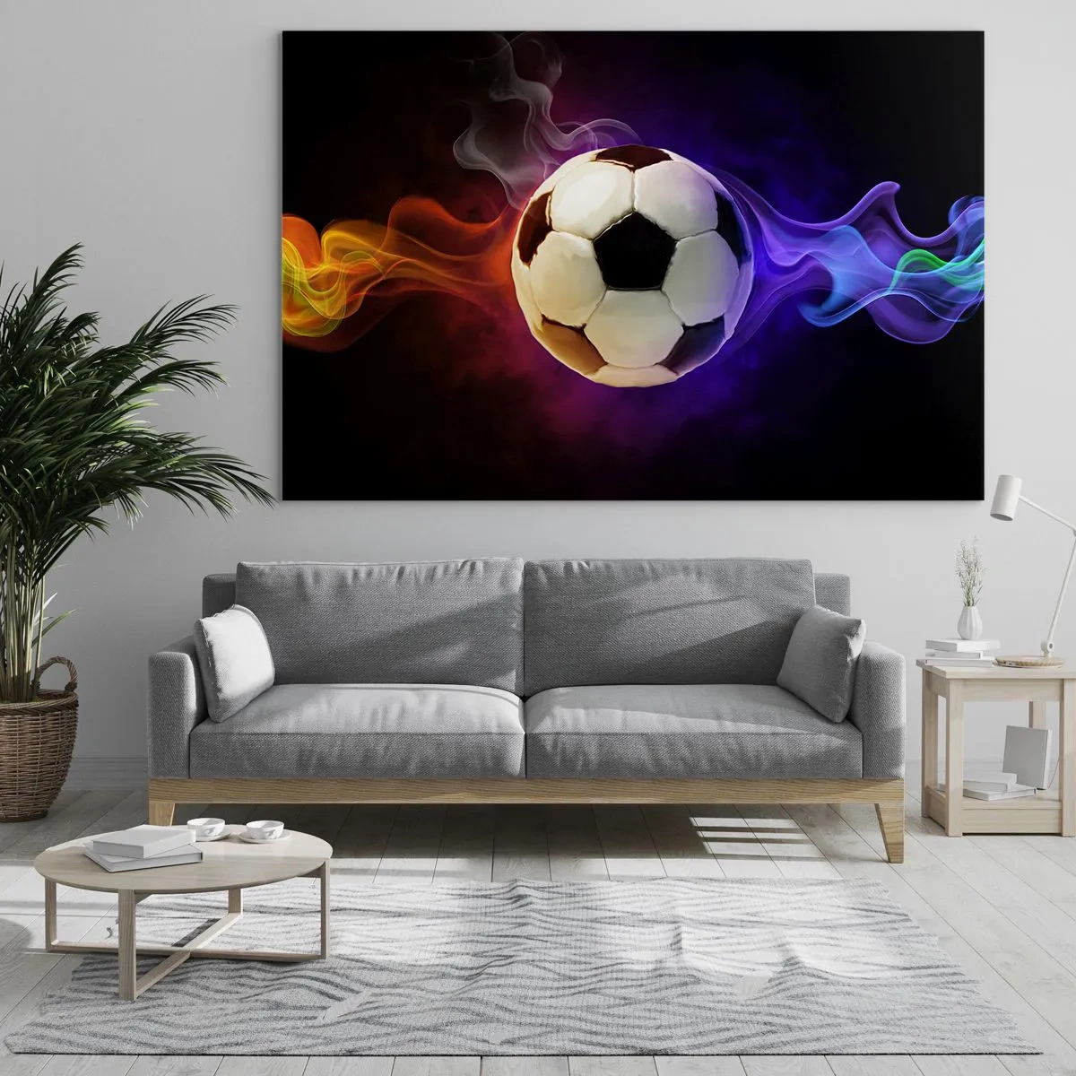Glasbild - Bild auf glas - Ein Fußball, umgeben von bunten Streifen - 120x80cm - Die magische Kraft des Spiels - Moderne Wanddekoration für Wohnzimmer und Schlafzimmer ARTTOR