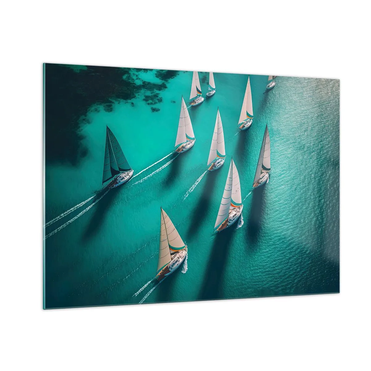Glasbild - Bild auf glas - Segelboote auf türkisfarbenem Wasser aus der Vogelperspektive aufgenommen - 100x70cm - Im Wettbewerb mit dem Wind - Moderne Wanddekoration für Wohnzimmer und Schlafzimmer ARTTOR