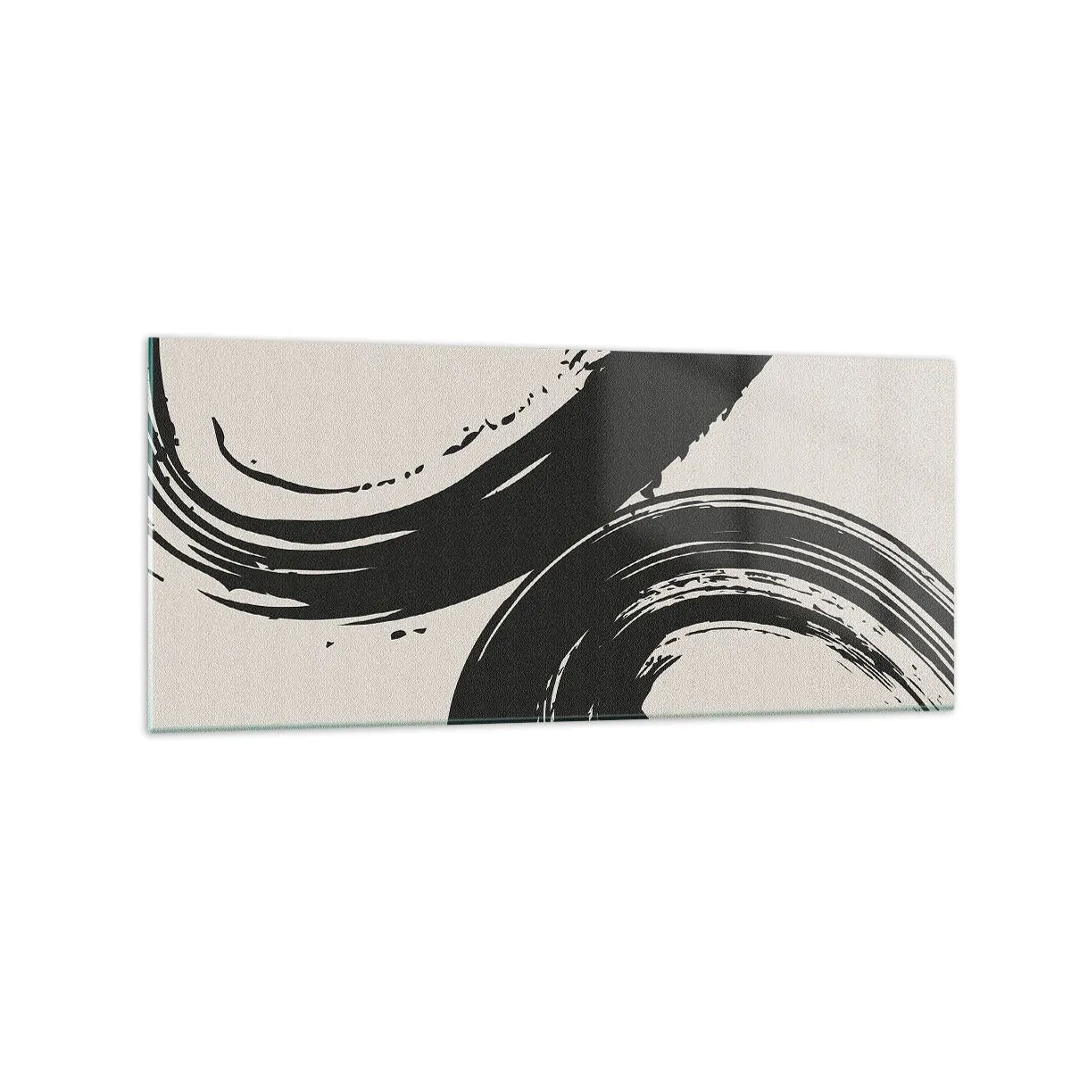 Glasbild - Bild auf glas - Dynamische Pinselstriche in Schwarz auf hellem Hintergrund - 120x50cm - Ausladend und kreisförmig - Moderne Wanddekoration für Wohnzimmer und Schlafzimmer ARTTOR