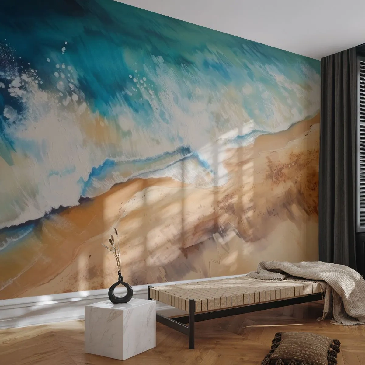 Fototapete Premium Sand - Meereswellen brechen auf den Sand an einem sonnigen Strand - 100x70cm - Zurückkehrende Welle - Moderne Wanddekoration für Wohnzimmer und Schlafzimmer ARTTOR
