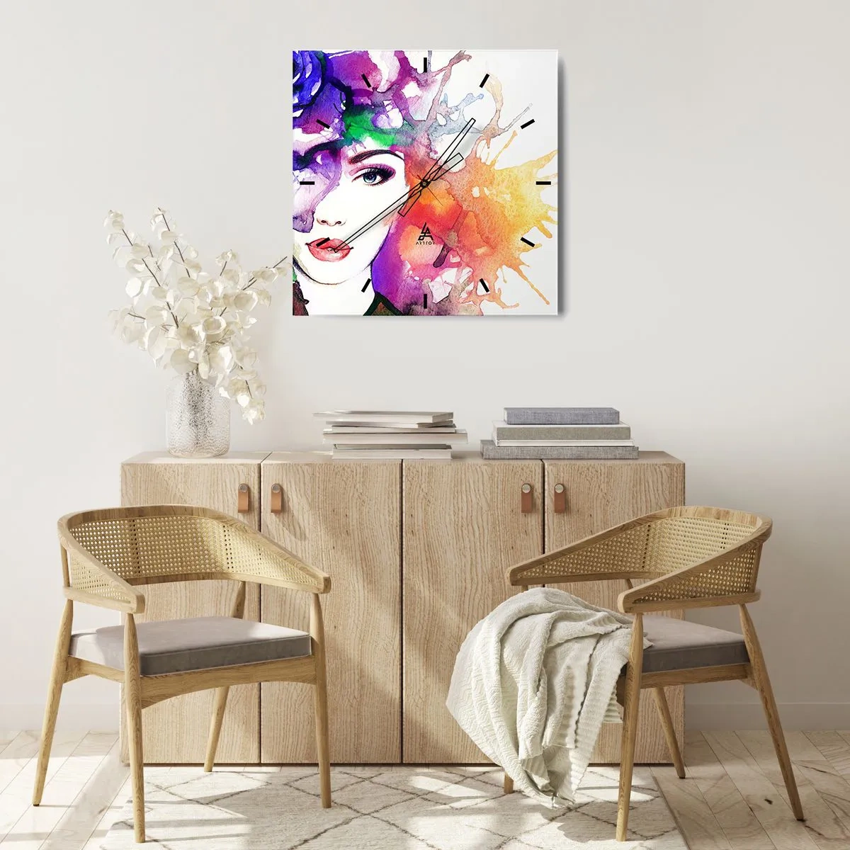 Wanduhr - Glasuhr - Porträt einer Frau in Aquarellfarben mit abstrakten Flecken - 30x30cm - Mit dem Kopf in den Wolken - Moderne Wanddekoration für Wohnzimmer und Schlafzimmer ARTTOR