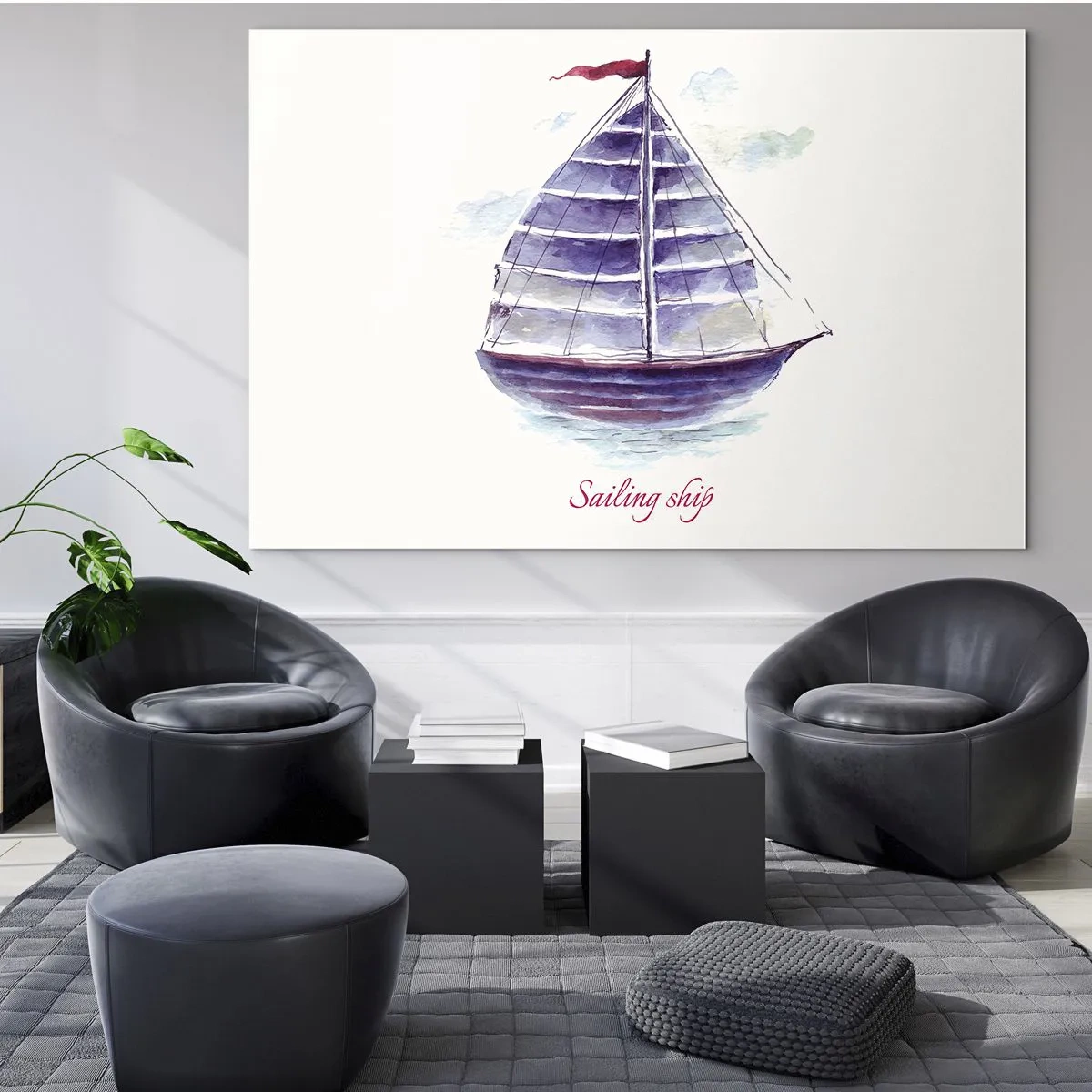 Glasbild - Bild auf glas - Aquarell Segelschiff mit der Aufschrift Segelschiff - 100x70cm - Volle Segel und ruhiges Wasser - Moderne Wanddekoration für Wohnzimmer und Schlafzimmer ARTTOR