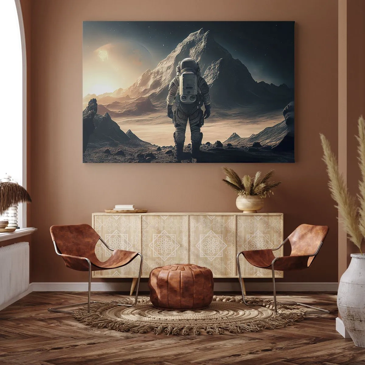 Bild auf Leinwand - Leinwandbild - Astronaut vor der Kulisse majestätischer Berge - 70x50cm - Neue Herausforderung - Moderne Wanddekoration für Wohnzimmer und Schlafzimmer ARTTOR