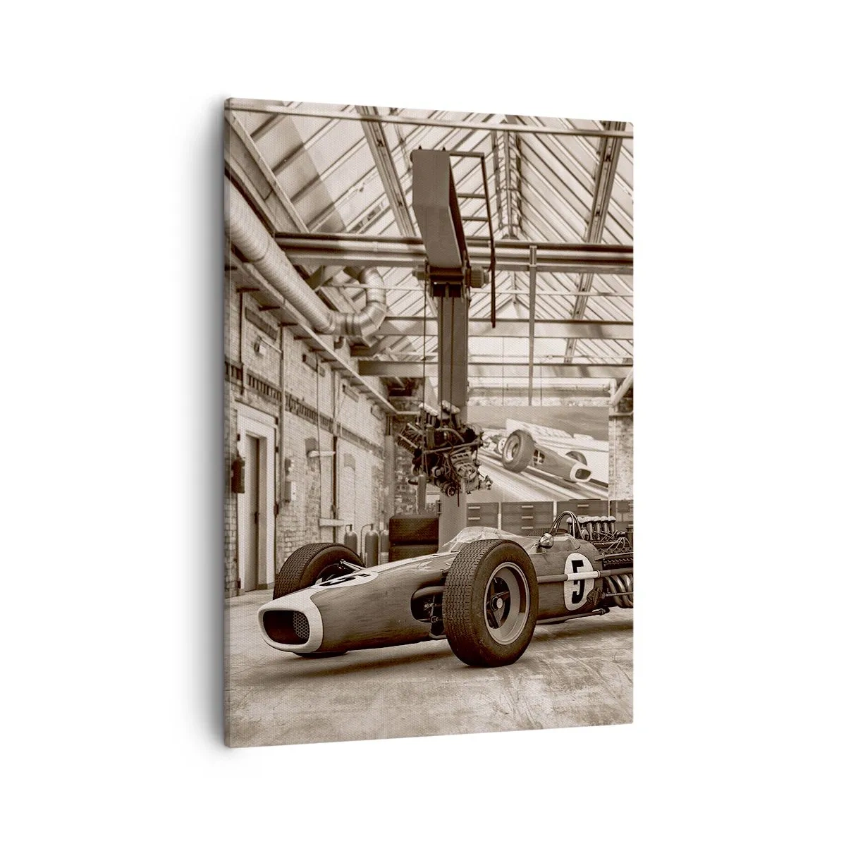 Bild auf Leinwand - Leinwandbild - Schwarz-weißer Rennwagen in einem industriellen Interieur - 50x70cm - Die Siegerruhe - Moderne Wanddekoration für Wohnzimmer und Schlafzimmer ARTTOR