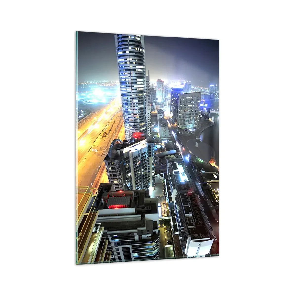 Glasbild - Bild auf glas - Panorama der nächtlichen Stadt mit beleuchteten Wolkenkratzern - 80x120cm - Ein Wunder in der Wüste - Moderne Wanddekoration für Wohnzimmer und Schlafzimmer ARTTOR