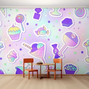 Fototapete Premium Sand - Bunte Süßigkeiten und Desserts im Pastell-Stil - 100x70cm - Dass es jeden Tag ein Geburtstag wäre - Moderne Wanddekoration für Wohnzimmer und Schlafzimmer ARTTOR