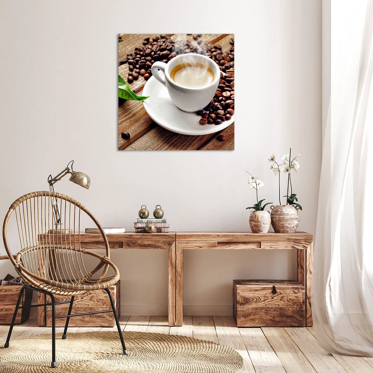 Bild auf Leinwand - Leinwandbild - Kaffee auf der Bank - 40x40 cm