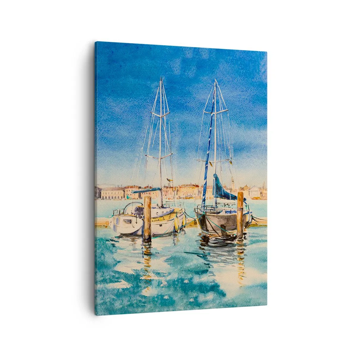 Bild auf Leinwand - Leinwandbild - Yachthafen mit Booten vor der Kulisse einer blauen Lagune - 50x70cm - Sonnige Lagune - Moderne Wanddekoration für Wohnzimmer und Schlafzimmer ARTTOR