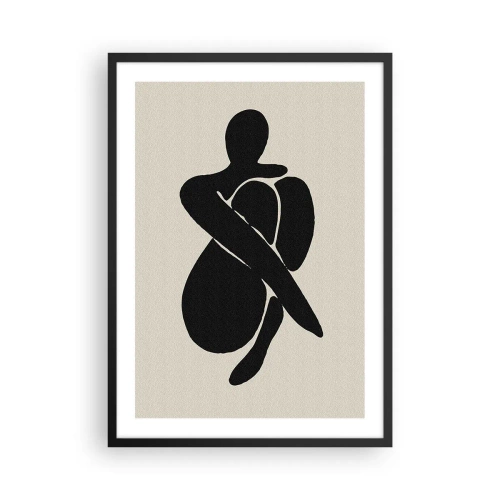 Poster in einem schwarzem Rahmen - Abstrakte Figur in einer Pose mit um den Körper geschlungenen Armen, Schwarz-Weiß-Illustration - 50x70cm - In deinen eigenen Armen - Moderne Wanddekoration für Wohnzimmer und Schlafzimmer ARTTOR