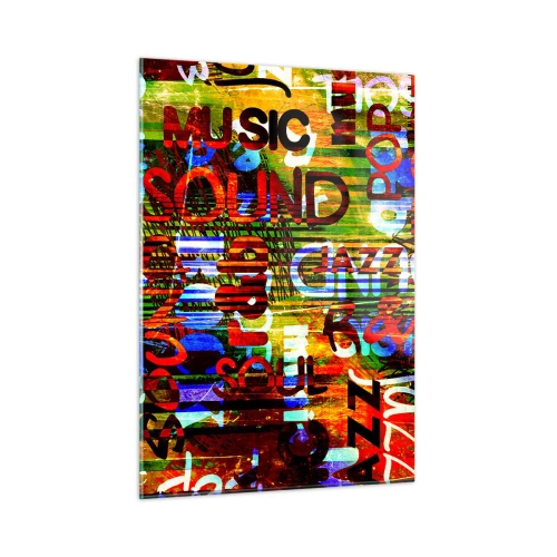 Glasbild - Bild auf glas - Bunte Inschriften auf einem künstlerischen Mosaikhintergrund - 50x70cm - Alle Farben des Klangs - Moderne Wanddekoration für Wohnzimmer und Schlafzimmer ARTTOR