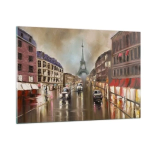 Glasbild - Bild auf glas - Abendliche Straße von Paris mit Blick auf den Eiffelturm - 120x80cm - Nur sie zählt - Moderne Wanddekoration für Wohnzimmer und Schlafzimmer ARTTOR