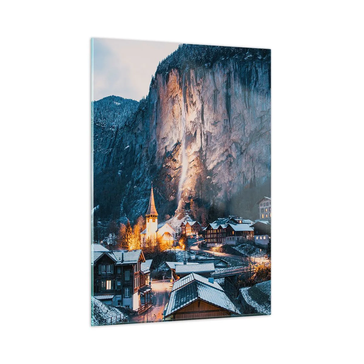 Glasbild - Bild auf glas - Ein Winterdorf am Fuße einer beleuchteten Felswand - 50x70cm - Der leuchtende Geist des Winters - Moderne Wanddekoration für Wohnzimmer und Schlafzimmer ARTTOR