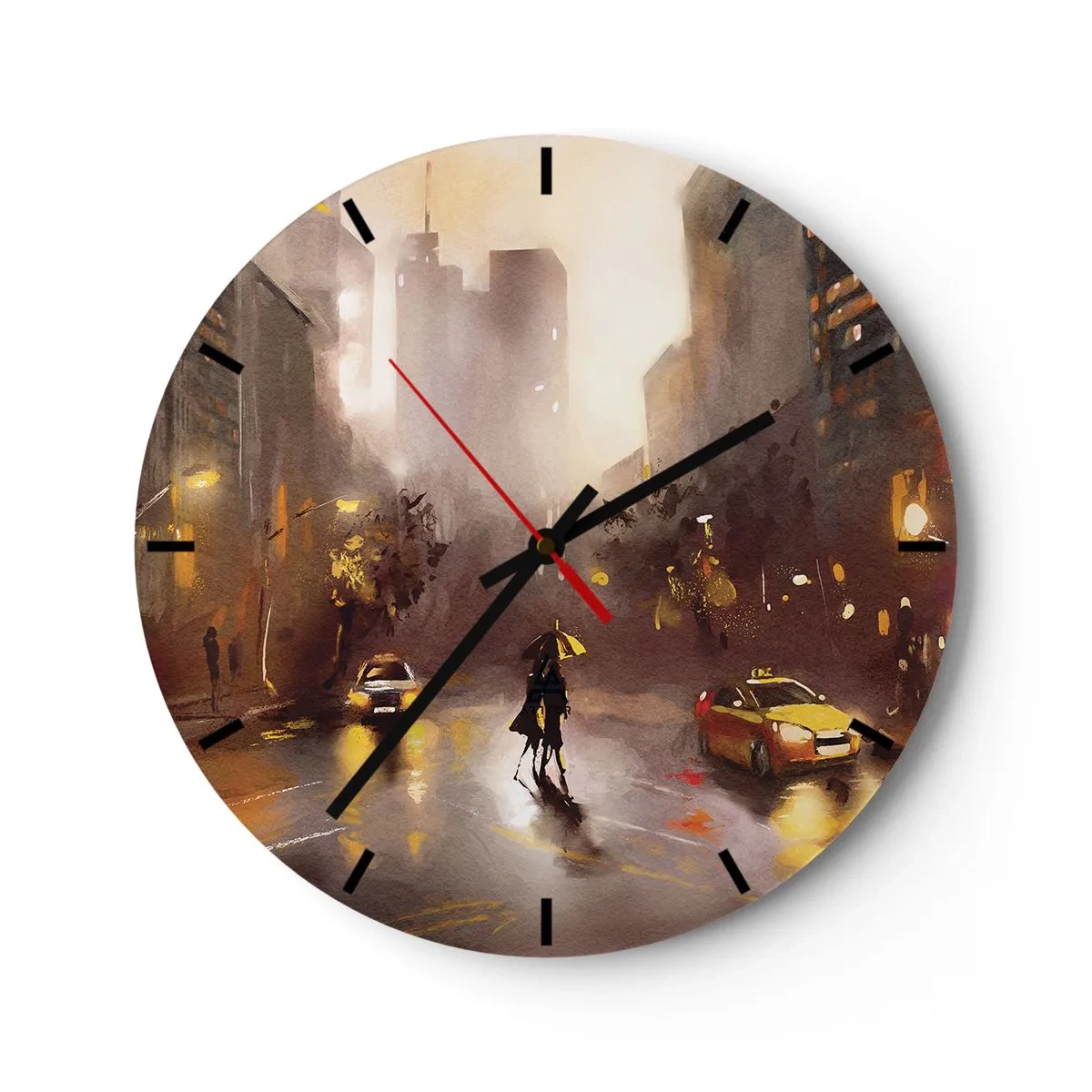 Wanduhr - Glasuhr - Eine Stadtstraße in warmen Farbtönen bei Regen - 30x30cm - Im Licht von New York - Moderne Wanddekoration für Wohnzimmer, Küche und Schlafzimmer ARTTOR