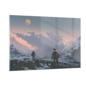 Glasbild - Bild auf glas - Astronauten auf einem fremden Planeten mit einem Schiffswrack im Hintergrund - 120x80cm - Unter einem unbekannten Stern - Moderne Wanddekoration für Wohnzimmer und Schlafzimmer ARTTOR