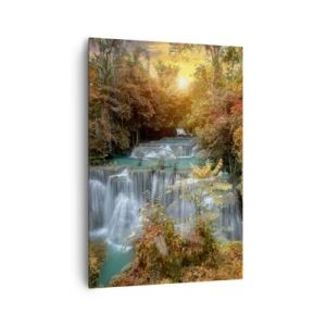 Bild auf Leinwand - Leinwandbild - Herbstlicher Wasserfall, umgeben von bunten Bäumen im Sonnenlicht - 70x100cm - Versteckter Schatz des Waldes - Moderne Wanddekoration für Wohnzimmer und Schlafzimmer ARTTOR