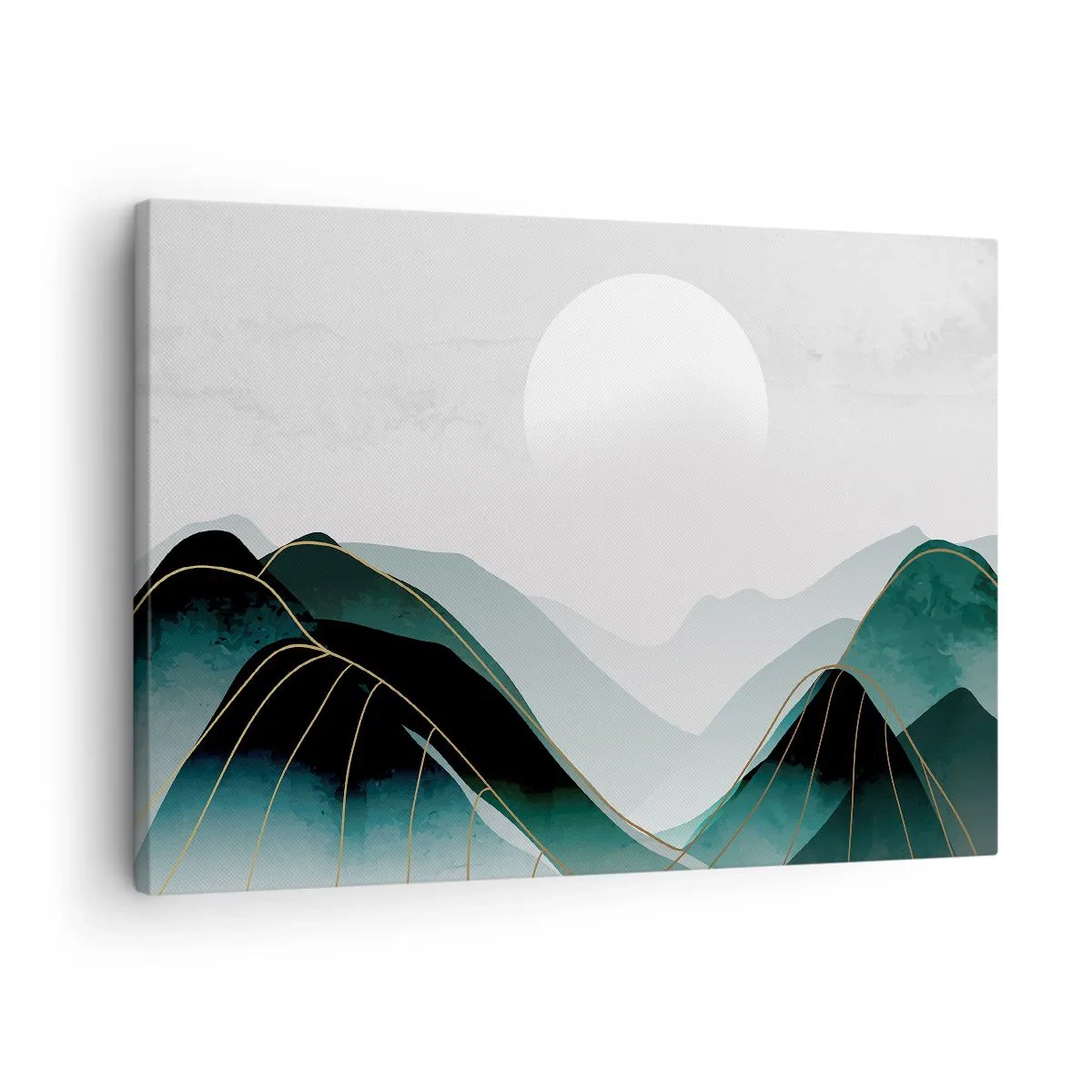 Bild auf Leinwand - Leinwandbild - Abstrakte Berglandschaft mit Mond und goldenen Linien - 70x50cm - In voller Majestät - Moderne Wanddekoration für Wohnzimmer und Schlafzimmer ARTTOR