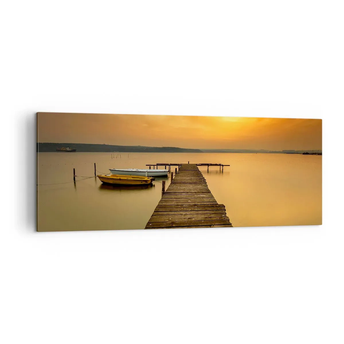 Bild auf Leinwand - Leinwandbild - Holzsteg und Boote auf dem See bei Sonnenuntergang - 140x50cm - Ich werde dir den goldenen Himmel öffnen - Moderne Wanddekoration für Wohnzimmer und Schlafzimmer ARTTOR