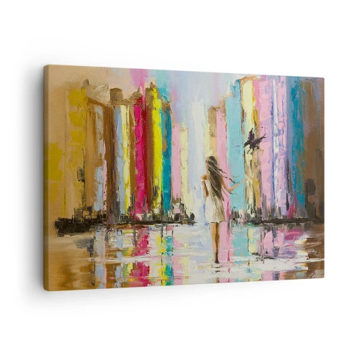 Bild auf Leinwand - Leinwandbild - Eine bunte Stadt und eine Frau in einem weißen Kleid mit einem Vogel - 70x50cm - Folge mir - Moderne Wanddekoration für Wohnzimmer und Schlafzimmer ARTTOR