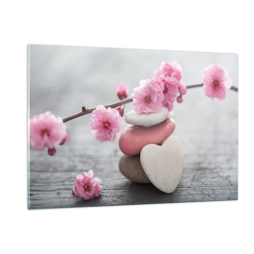 Glasbild - Bild auf glas - Rosa Kirschblüten und herzförmige Steine - 120x80cm - Glückseligkeit mit einer Kirschblüte - Moderne Wanddekoration für Wohnzimmer und Schlafzimmer ARTTOR