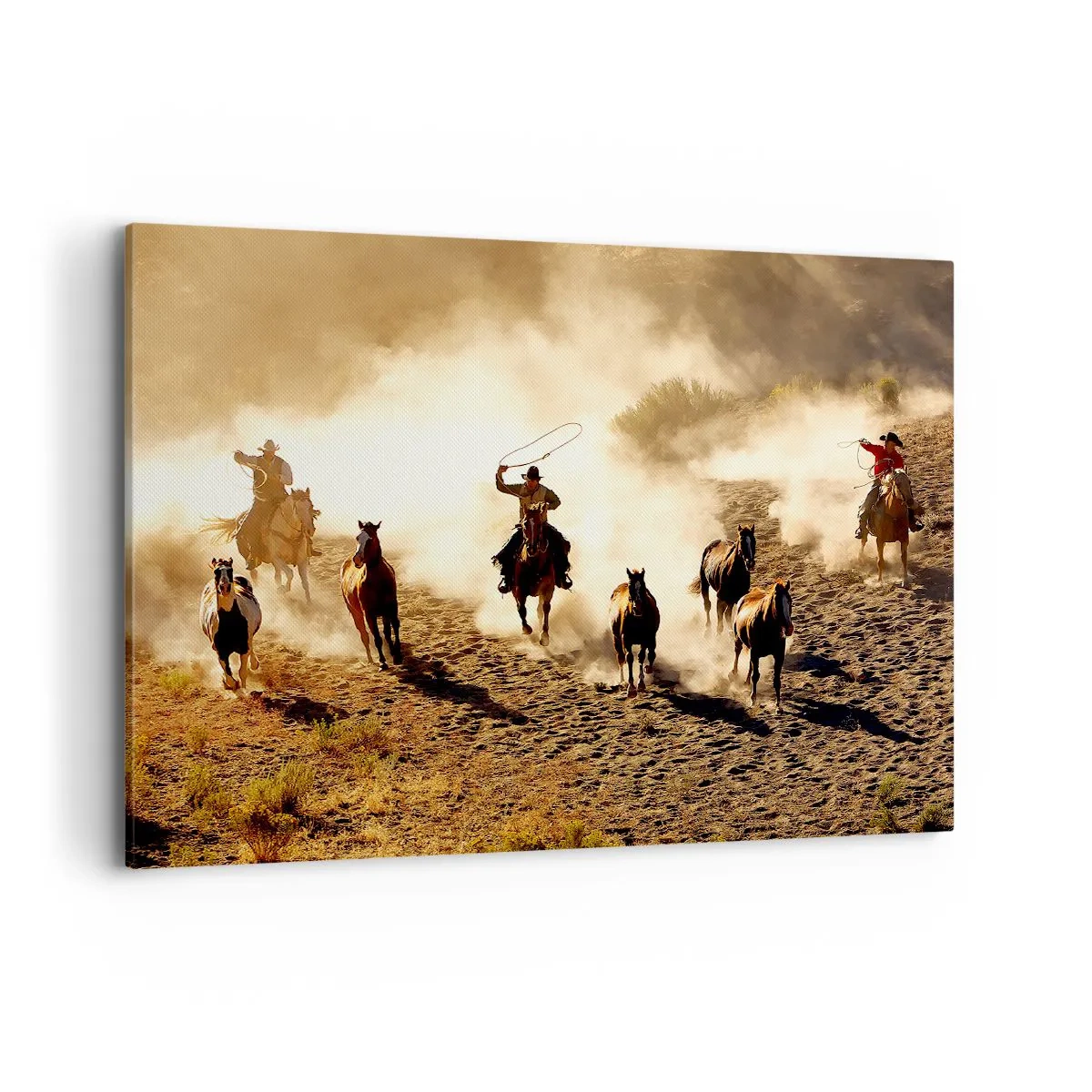 Bild auf Leinwand - Leinwandbild - Cowboys zu Pferd in Aktion im Wüstengelände - 100x70cm - Wirklich wilder Westen - Moderne Wanddekoration für Wohnzimmer und Schlafzimmer ARTTOR