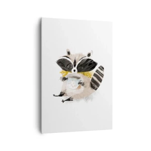 Bild auf Leinwand - Leinwandbild - Entzückender Waschbär mit einer pastellfarbenen Tasse - 70x100cm - Mein Freund der Waschbär - Moderne Wanddekoration für Wohnzimmer und Schlafzimmer ARTTOR