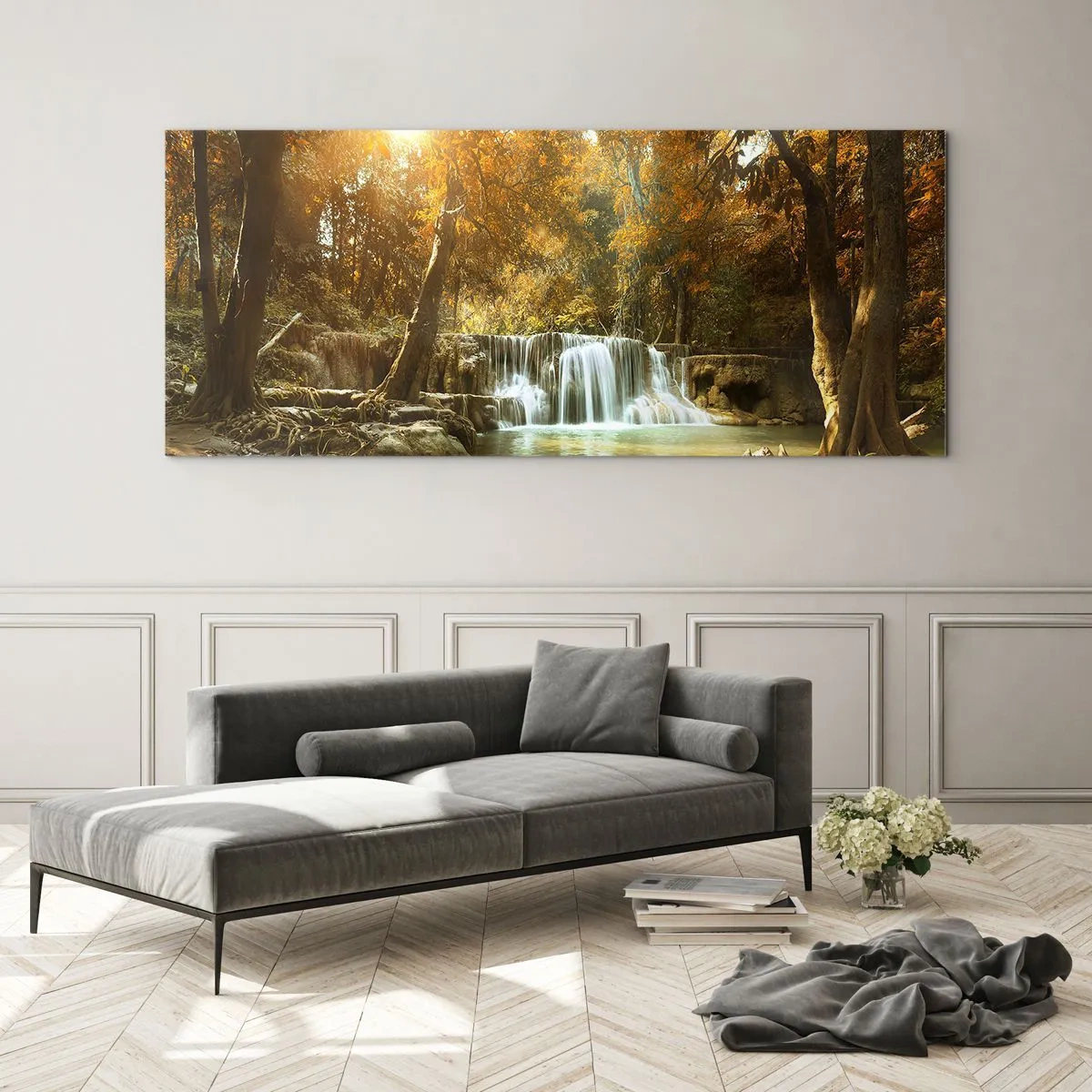 Glasbild - Bild auf glas - Herbstlandschaft mit Wasserfall - 120x50cm - Parkkaskade - Moderne Wanddekoration für Wohnzimmer und Schlafzimmer ARTTOR