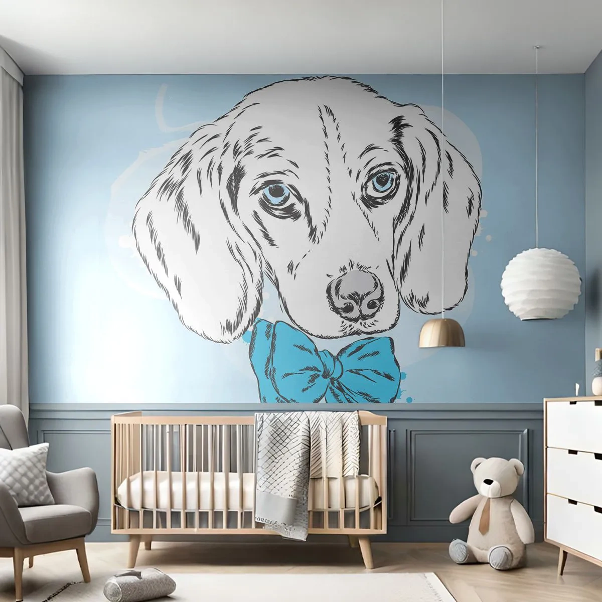 Fototapete Premium Sand - Skizze eines Hundes mit Fliege auf pastellfarbenem Hintergrund - 100x70cm - Hunde-Eleganz - Moderne Wanddekoration für Wohnzimmer und Schlafzimmer ARTTOR
