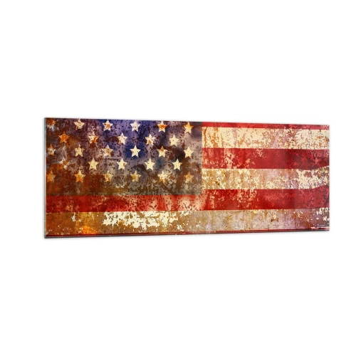 Glasbild - Bild auf glas - Stilisierte US-Flagge mit gealtertem Effekt - 140x50cm - Ruhm verblasst nicht - Moderne Wanddekoration für Wohnzimmer und Schlafzimmer ARTTOR