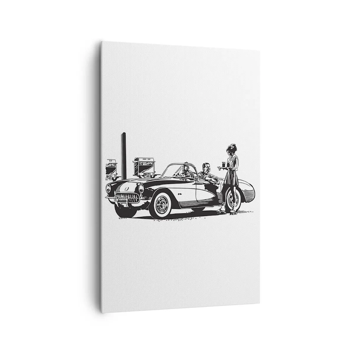 Bild auf Leinwand - Leinwandbild - Eine schwarz-weiße Retro-Szene mit einem Auto und einer Kellnerin auf Rollschuhen. - 80x120cm - 60. - unbeschwertes Amerika - Moderne Wanddekoration für Wohnzimmer und Schlafzimmer ARTTOR