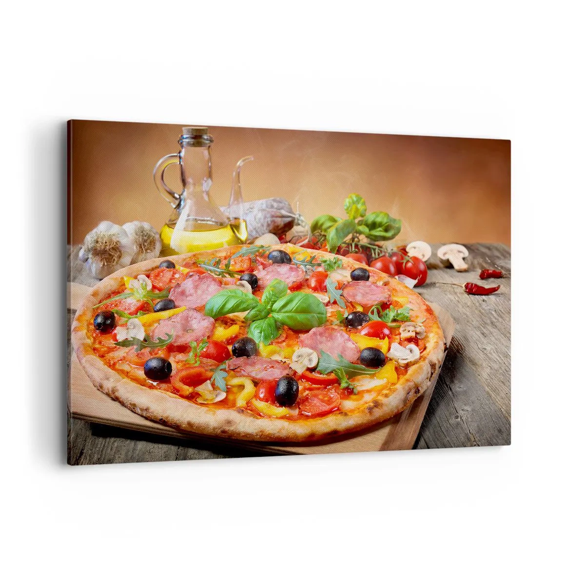 Bild auf Leinwand - Leinwandbild - Appetitliche Pizza auf einem Holztisch mit Belag - 120x80cm - Mit echtem italienischem Flair - Moderne Wanddekoration für Wohnzimmer und Schlafzimmer ARTTOR