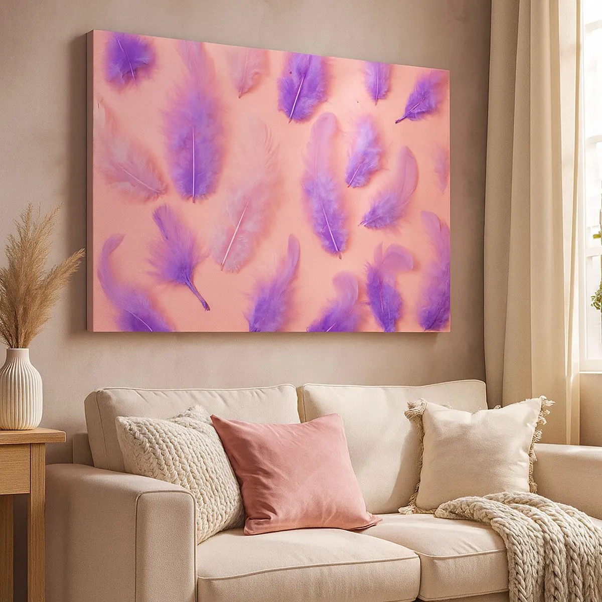 Bild auf Leinwand - Leinwandbild - Lila und rosa Federn auf pastellfarbenem Hintergrund - 70x50cm - Lila Vogel der Begierde - Moderne Wanddekoration für Wohnzimmer und Schlafzimmer ARTTOR