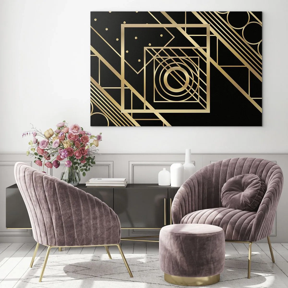 Glasbild - Bild auf glas - Goldene geometrische Muster auf schwarzem Hintergrund - 70x50cm - Goldene Geometrie - Moderne Wanddekoration für Wohnzimmer und Schlafzimmer ARTTOR