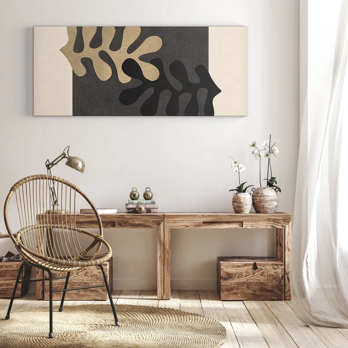 Bild auf Leinwand - Leinwandbild - Abstrakte Blätter in Schwarz und Beige auf rechteckigem Hintergrund - 160x50cm - Abwesenheit und Ergänzung - Moderne Wanddekoration für Wohnzimmer und Schlafzimmer ARTTOR