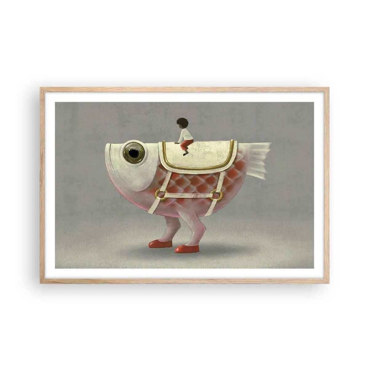 Poster in einem Rahmen aus heller Eiche - Reiter auf einem surrealen Fisch - 91x61 cm