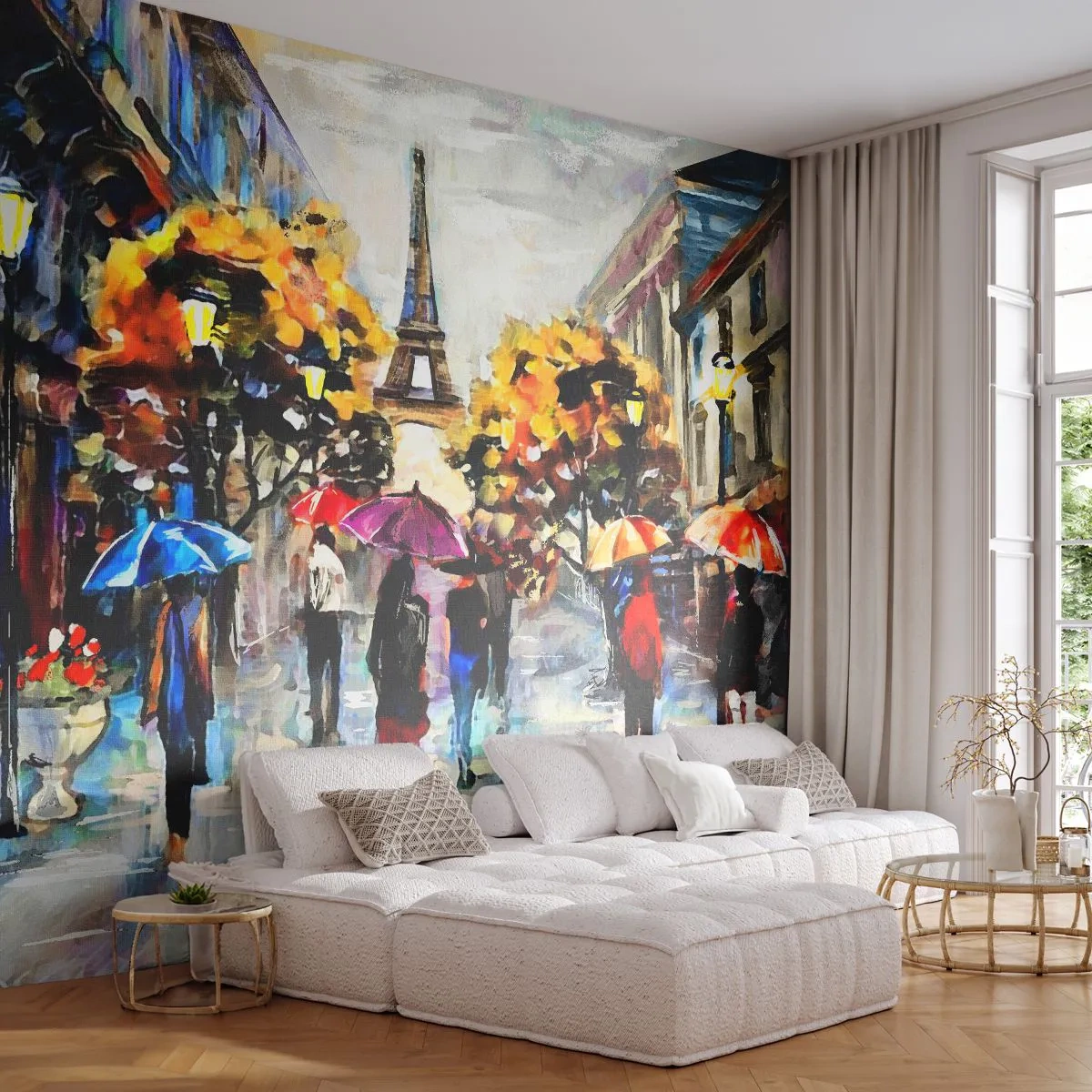 Fototapete Premium Sand - Herbstliches Paris im Regen mit bunten Regenschirmen - 100x70cm - Besonders schön im Herbst - Moderne Wanddekoration für Wohnzimmer und Schlafzimmer ARTTOR