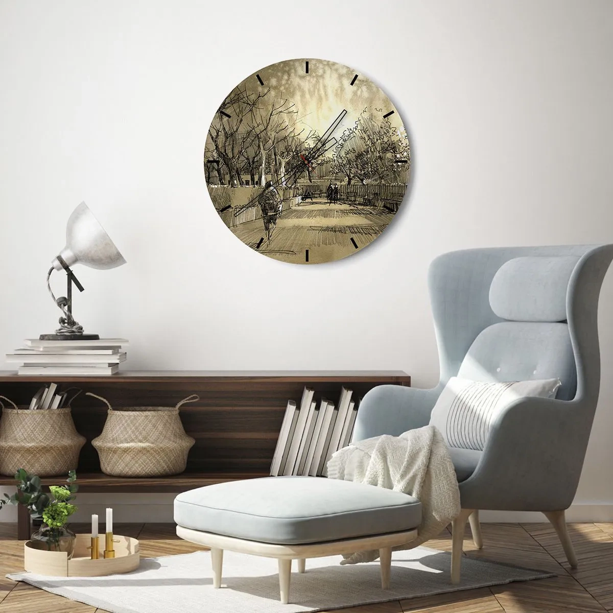 Wanduhr - Glasuhr - Skizze eines Spaziergangs in einem Park mit Wegen und Bäumen - 30x30cm - Ein Moment mit einer Feder angehalten - Moderne Wanddekoration für Wohnzimmer, Küche und Schlafzimmer ARTTOR