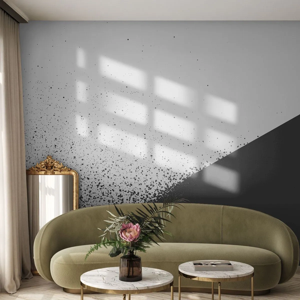 Fototapete Premium Sand - Schwarz-Weiß-Abstraktion mit Splatter-Effekt und Kontrast - 100x70cm - Immer schneller, immer mehr - Moderne Wanddekoration für Wohnzimmer und Schlafzimmer ARTTOR
