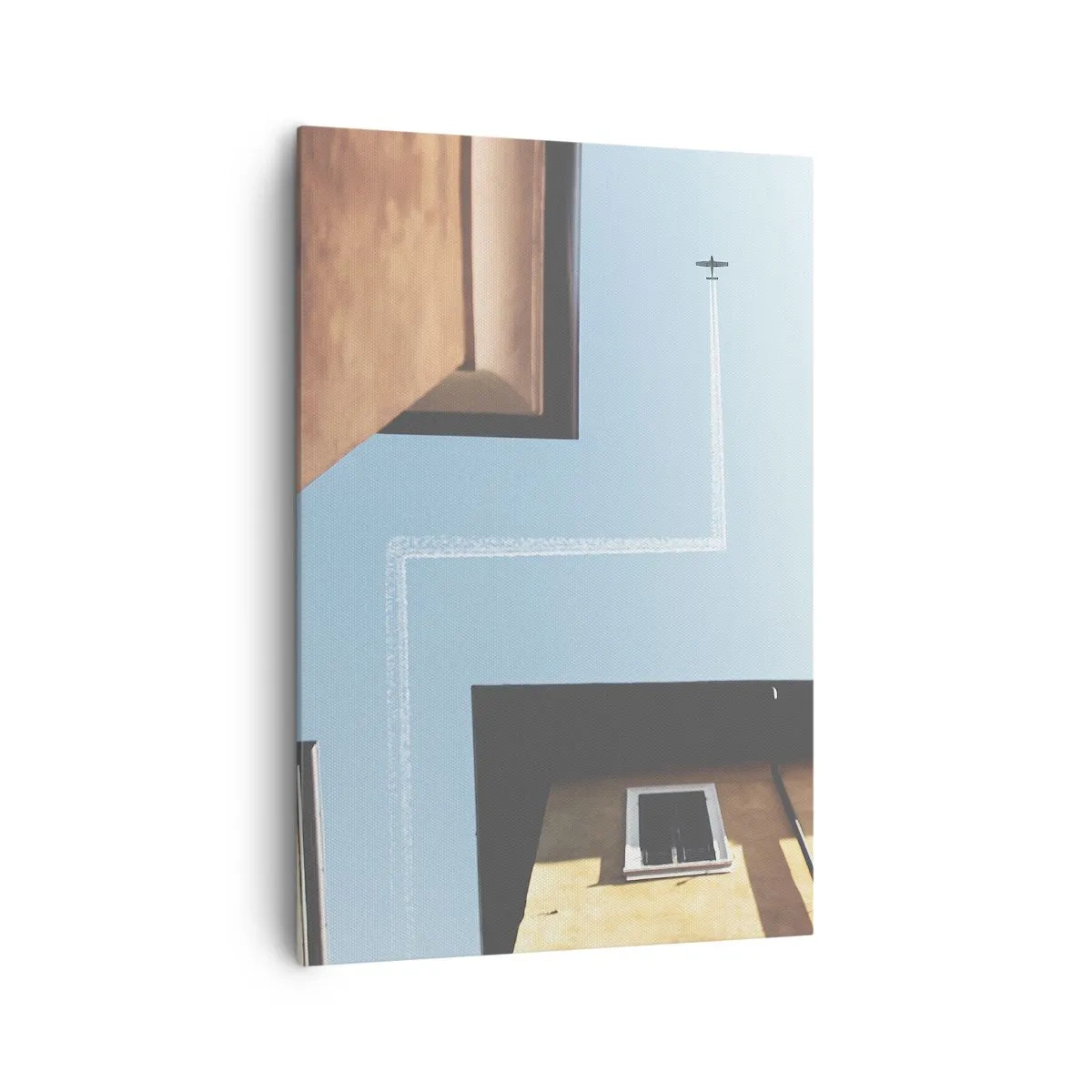 Bild auf Leinwand - Leinwandbild - Blick auf das Flugzeug und seine Spur am Himmel aus der Straßenperspektive - 70x100cm - Über dem Stadtlabyrinth - Moderne Wanddekoration für Wohnzimmer und Schlafzimmer ARTTOR