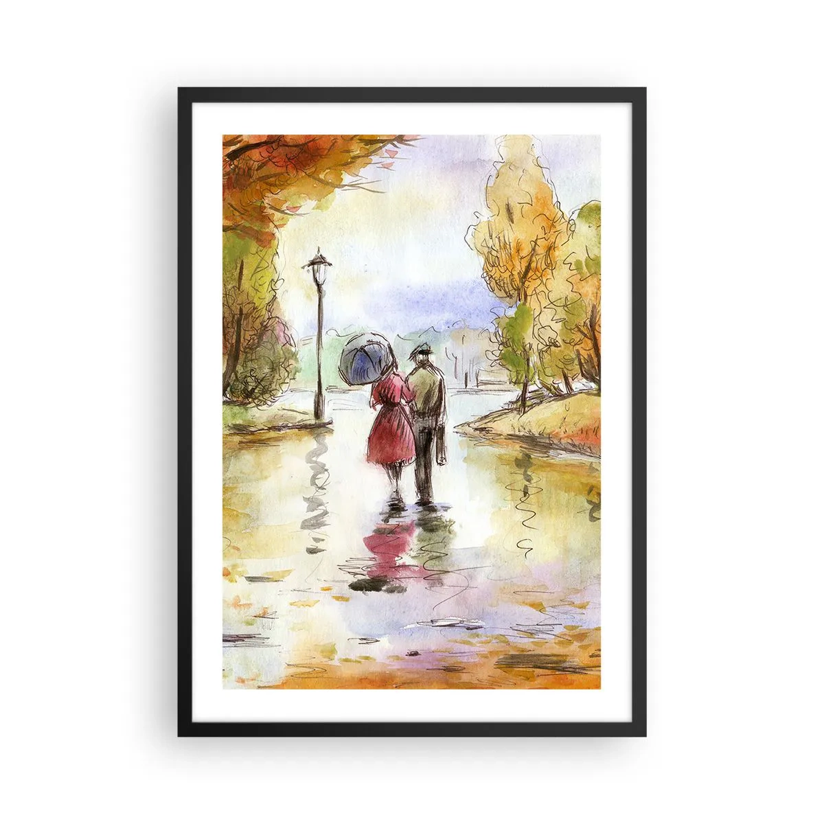 Poster in einem schwarzem Rahmen - Ein Spaziergang im Park im Herbst im Aquarellstil - 50x70cm - Romantischer Herbst im Park - Moderne Wanddekoration für Wohnzimmer und Schlafzimmer ARTTOR