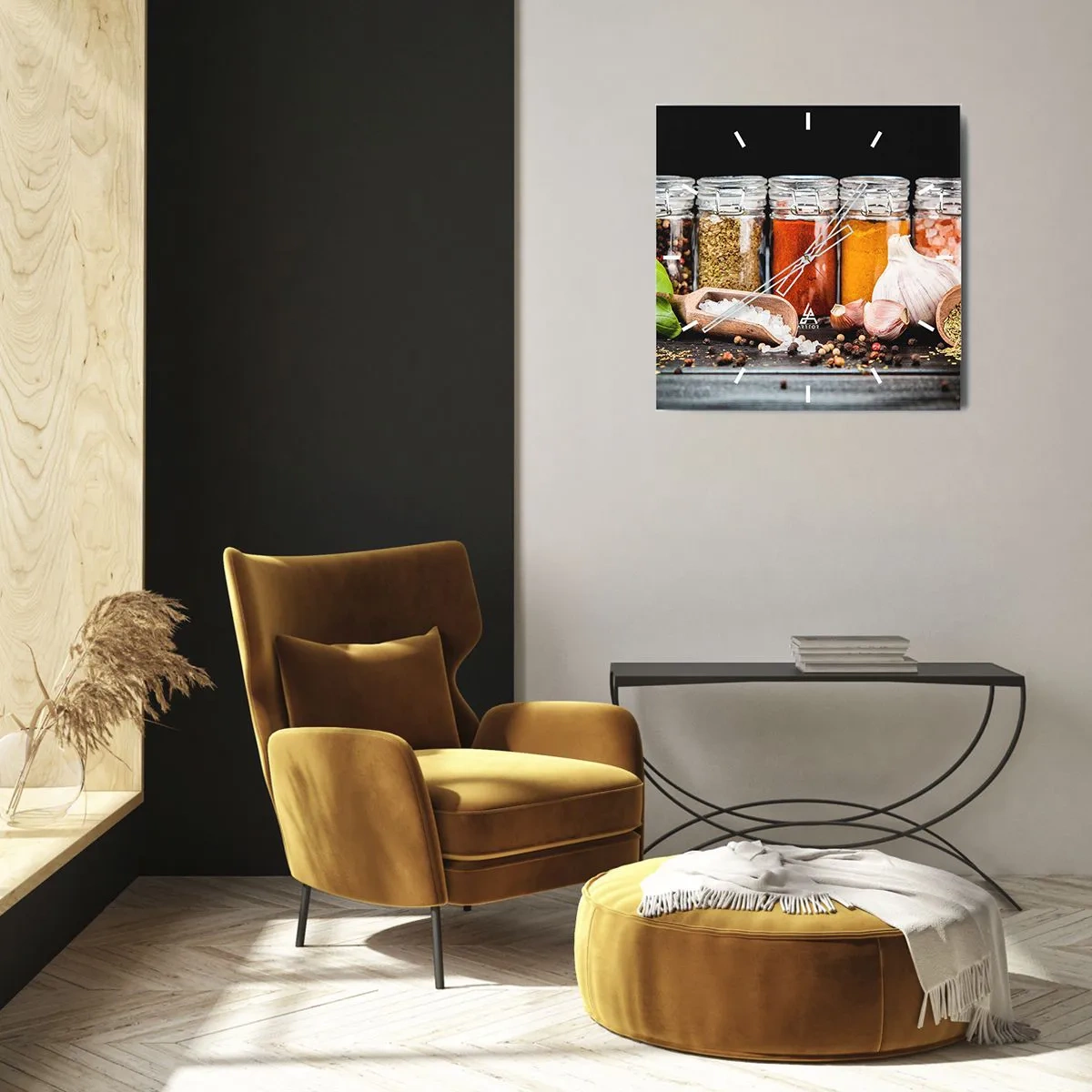 Wanduhr - Glasuhr - Kräuter und Gewürze in Gläsern auf dunklem Hintergrund - 30x30cm - Für einen Geschmack des Lebens - Moderne Wanddekoration für Wohnzimmer und Schlafzimmer ARTTOR